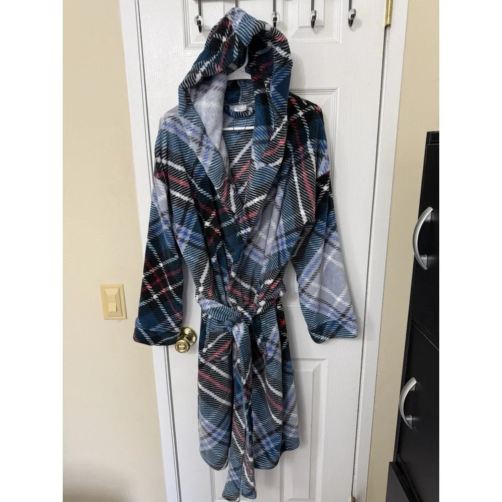 NWOT Women's Vera Bradley Plush Fleece Hooded Robe Snowy Plaid Size L/XL